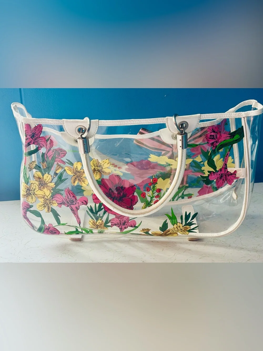Vintage Y2K Clear Floral Polyvinyl Tote with Leather Handles by Laundry Shelli S